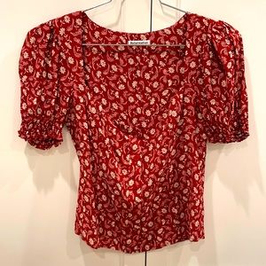 Reformation Red & White Floral Puff-Sleeve Top